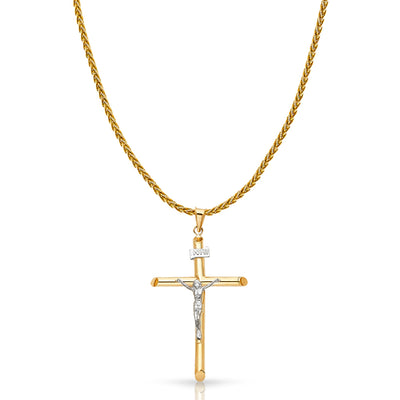 14K Gold Crucifix Cross Charm Pendant with 1.4mm Round Wheat Chain Necklace