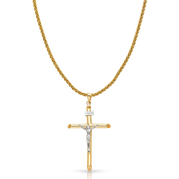 14K Gold Crucifix Cross Charm Pendant with 1.4mm Round Wheat Chain Necklace