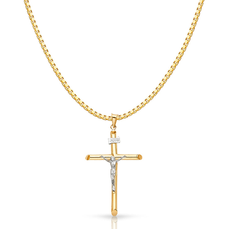 14K Gold Crucifix Cross Religious Charm Pendant with 1.2mm Box Chain Necklace