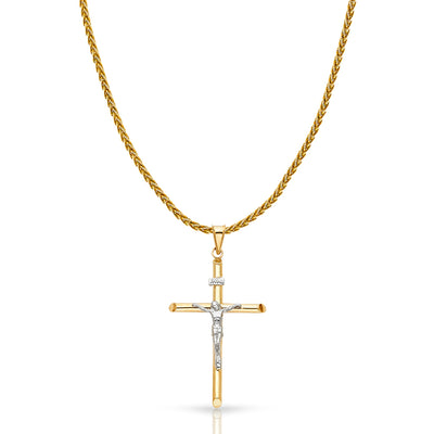 14K Gold Crucifix Cross Charm Pendant with 1.4mm Round Wheat Chain Necklace