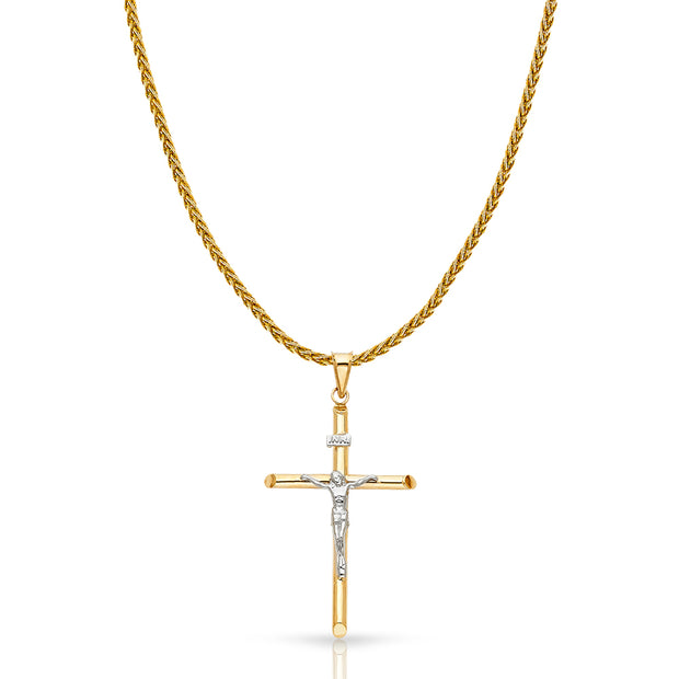 14K Gold Crucifix Cross Charm Pendant with 1.4mm Round Wheat Chain Necklace