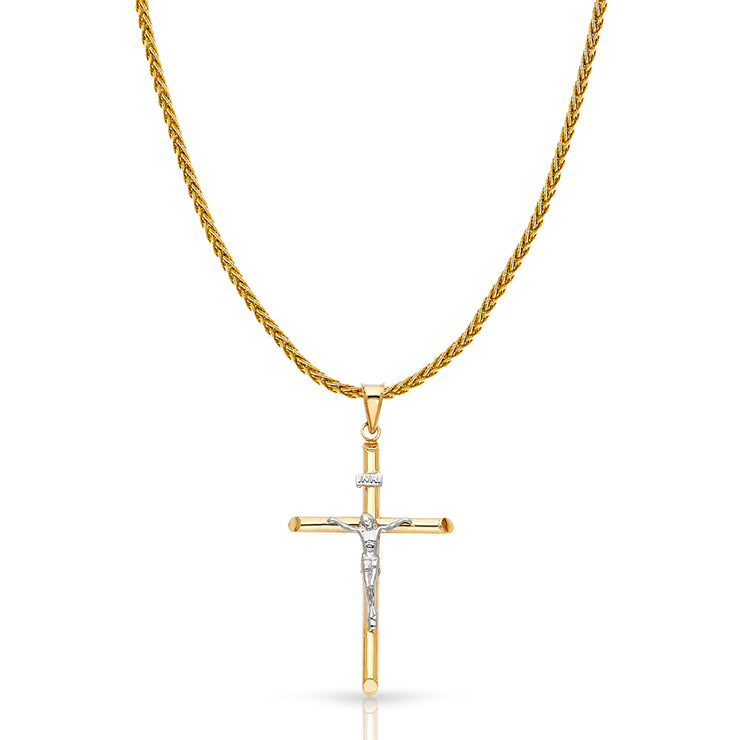 14K Gold Crucifix Cross Charm Pendant with 1.4mm Round Wheat Chain Necklace