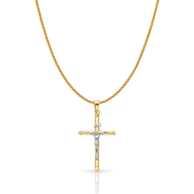 14K Gold Crucifix Cross Charm Pendant with 1.1mm Wheat Chain Necklace