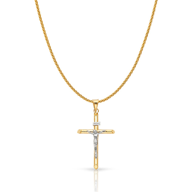 14K Gold Crucifix Cross Charm Pendant with 1.1mm Wheat Chain Necklace