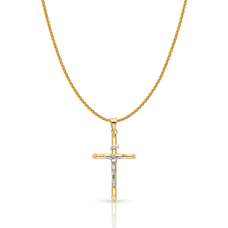 14K Gold Crucifix Cross Charm Pendant with 1.1mm Wheat Chain Necklace