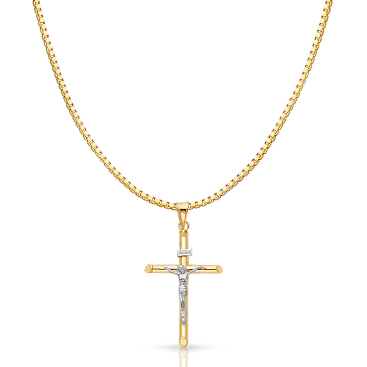 14K Gold Crucifix Cross Religious Charm Pendant with 1.2mm Box Chain Necklace