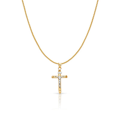 14K Gold Crucifix Cross Charm Pendant with 0.9mm Wheat Chain Necklace