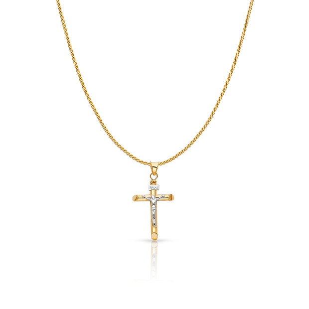 14K Gold Crucifix Cross Charm Pendant with 0.9mm Wheat Chain Necklace