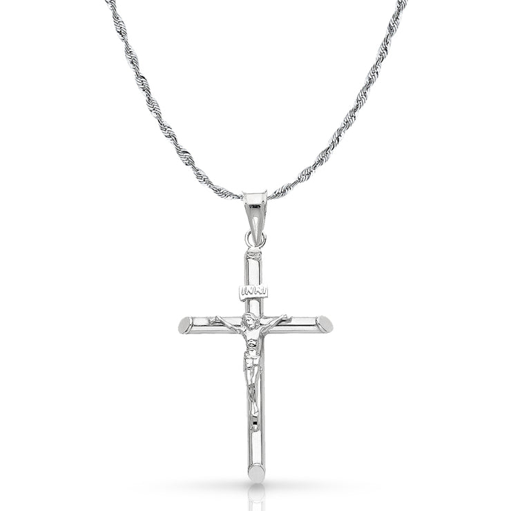 14K Gold Crucifix Cross Pendant with 2mm Rope Chain