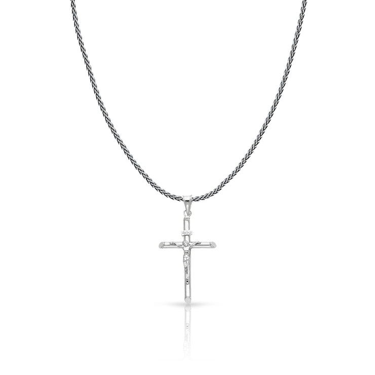 14K Gold Crucifix Cross Charm Pendant with 1.1mm Wheat Chain Necklace