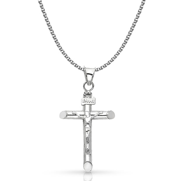 14K Gold Crucifix Cross Pendant with 1.5mm Flat Open Wheat Chain