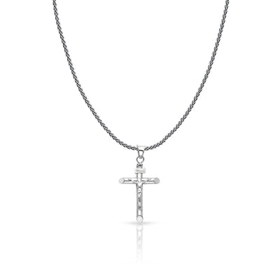 14K Gold Crucifix Cross Charm Pendant with 1.1mm Wheat Chain Necklace