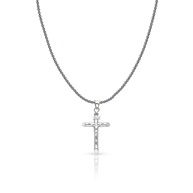 14K Gold Crucifix Cross Charm Pendant with 1.1mm Wheat Chain Necklace