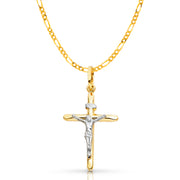 14K Gold Crucifix Cross Pendant with 2mm Figaro 3+1 Chain