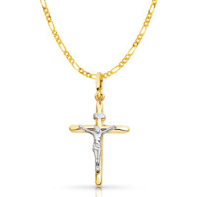 14K Gold Crucifix Cross Pendant with 2mm Figaro 3+1 Chain