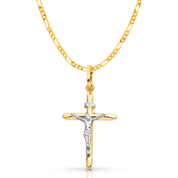 14K Gold Crucifix Cross Pendant with 2mm Figaro 3+1 Chain