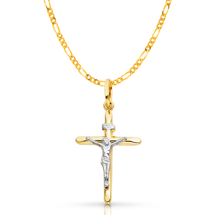 14K Gold Crucifix Cross Pendant with 2mm Figaro 3+1 Chain