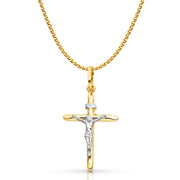 14K Gold Crucifix Cross Pendant with 1.5mm Flat Open Wheat Chain