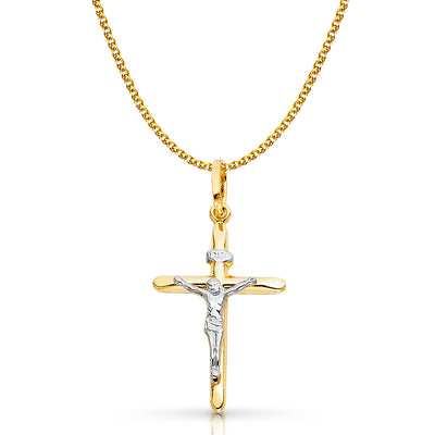 14K Gold Crucifix Cross Pendant with 1.5mm Flat Open Wheat Chain