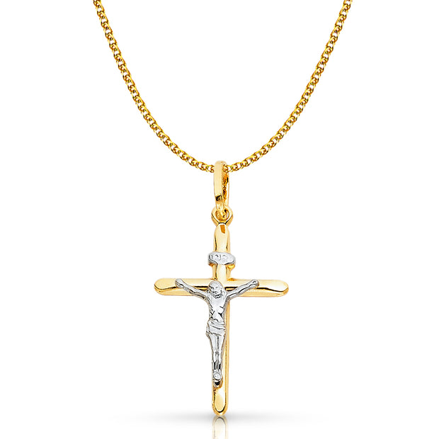 14K Gold Crucifix Cross Pendant with 1.5mm Flat Open Wheat Chain