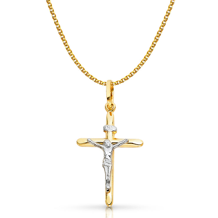 14K Gold Crucifix Cross Pendant with 1.5mm Flat Open Wheat Chain