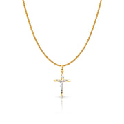 14K Gold Crucifix Cross Charm Pendant with 1.1mm Wheat Chain Necklace