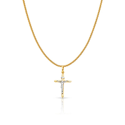 14K Gold Crucifix Cross Charm Pendant with 1.1mm Wheat Chain Necklace