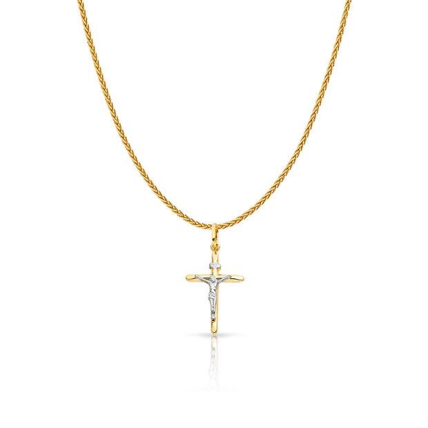 14K Gold Crucifix Cross Charm Pendant with 1.1mm Wheat Chain Necklace