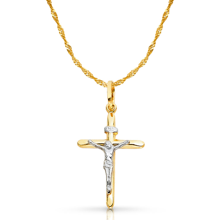 14K Gold Crucifix Cross Pendant with 1.2mm Singapore Chain