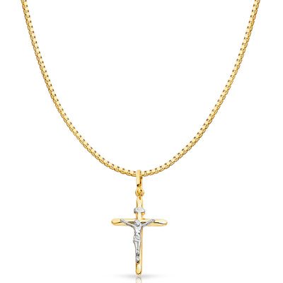 14K Gold Crucifix Cross Religious Charm Pendant with 0.8mm Box Chain Necklace