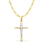 14K Gold Crucifix Cross Pendant with 2.3mm Figaro 3+1 Chain