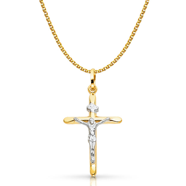 14K Gold Crucifix Cross Pendant with 1.5mm Flat Open Wheat Chain