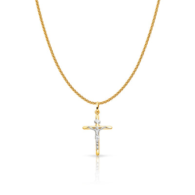 14K Gold Crucifix Cross Charm Pendant with 1.1mm Wheat Chain Necklace