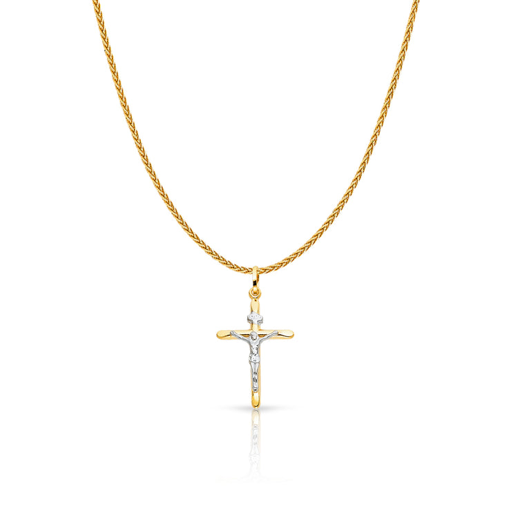 14K Gold Crucifix Cross Charm Pendant with 1.1mm Wheat Chain Necklace