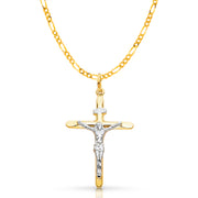 14K Gold Crucifix Cross Pendant with 2.3mm Figaro 3+1 Chain