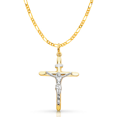 14K Gold Crucifix Cross Pendant with 2.3mm Figaro 3+1 Chain