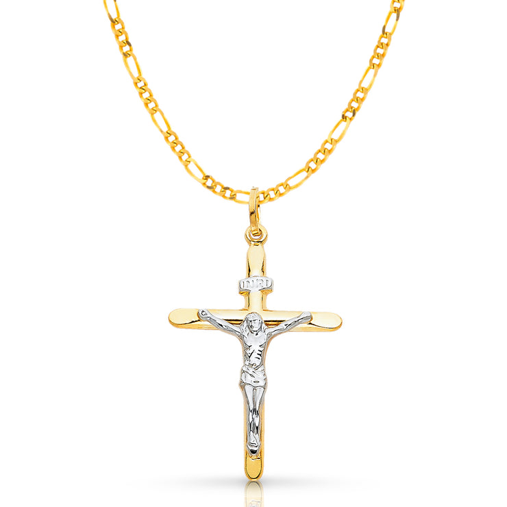 14K Gold Crucifix Cross Pendant with 2.3mm Figaro 3+1 Chain