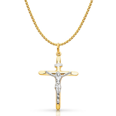 14K Gold Crucifix Cross Pendant with 2mm Flat Open Wheat Chain