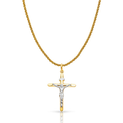 14K Gold Crucifix Cross Charm Pendant with 1.4mm Round Wheat Chain Necklace