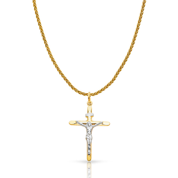 14K Gold Crucifix Cross Charm Pendant with 1.4mm Round Wheat Chain Necklace