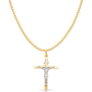 14K Gold Crucifix Cross Religious Charm Pendant with 1.2mm Box Chain Necklace