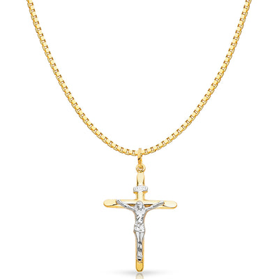 14K Gold Crucifix Cross Religious Charm Pendant with 1.2mm Box Chain Necklace