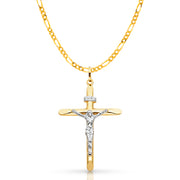 14K Gold Crucifix Cross Pendant with 3.1mm Figaro 3+1 Chain