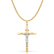 14K Gold Crucifix Cross Pendant with 1.7mm Flat Open Wheat Chain