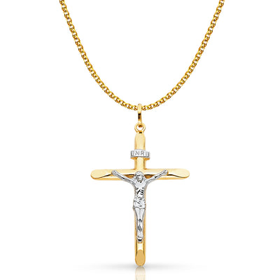 14K Gold Crucifix Cross Pendant with 1.7mm Flat Open Wheat Chain