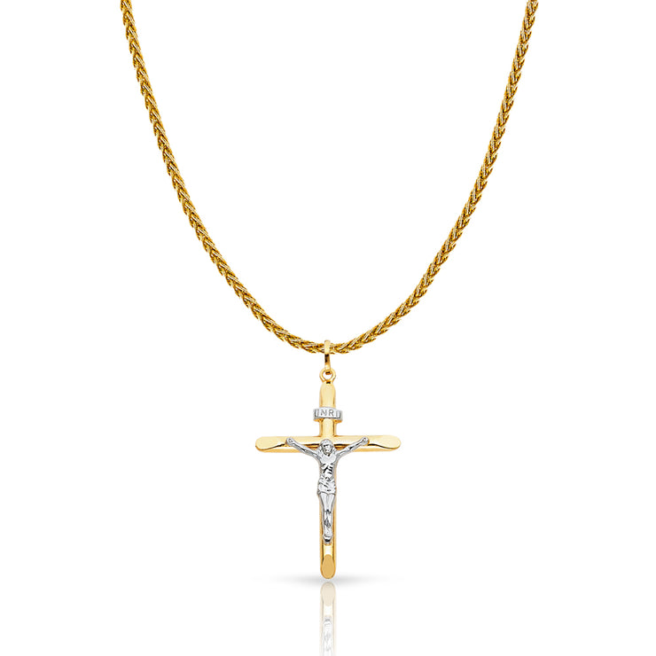 14K Gold Crucifix Cross Charm Pendant with 1.4mm Round Wheat Chain Necklace