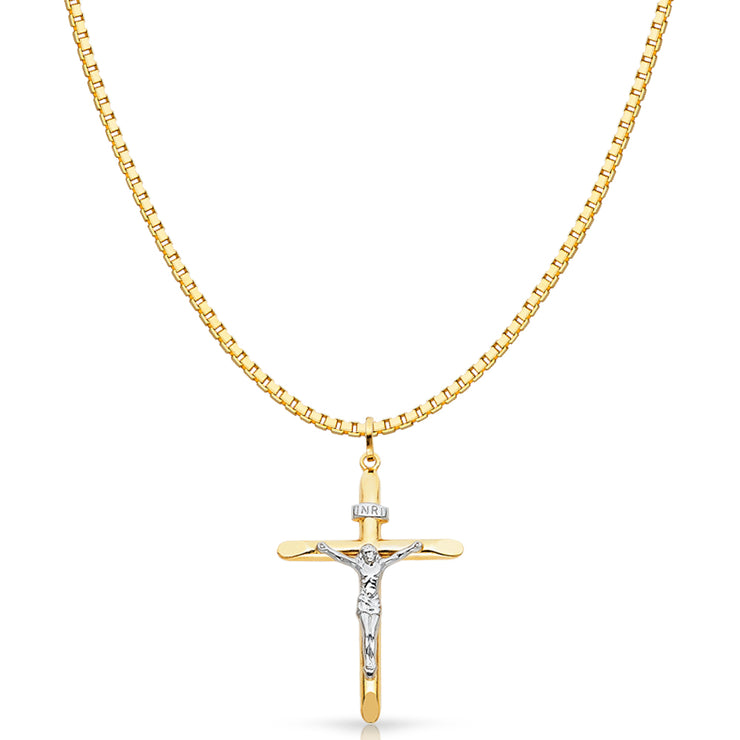 14K Gold Crucifix Cross Religious Charm Pendant with 1.2mm Box Chain Necklace