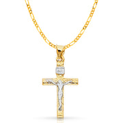 14K Gold Crucifix Cross Pendant with 2.3mm Figaro 3+1 Chain