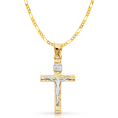 14K Gold Crucifix Cross Pendant with 2.3mm Figaro 3+1 Chain