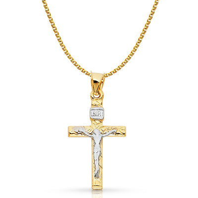 14K Gold Crucifix Cross Pendant with 1.5mm Flat Open Wheat Chain